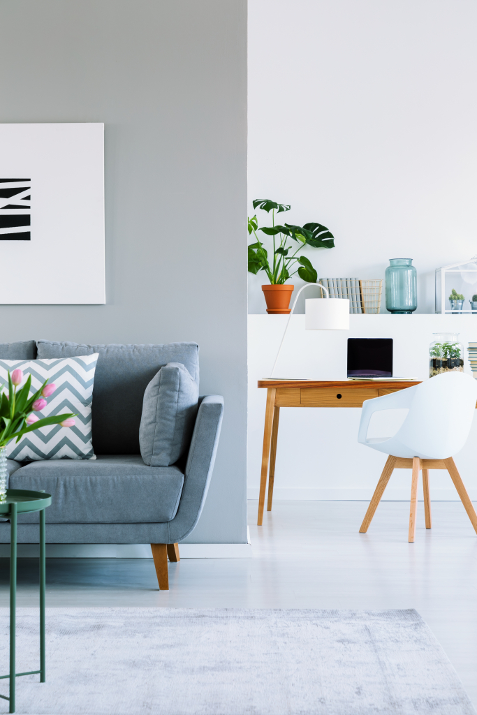sejour avec bureau en arriere plan et plantes vertes