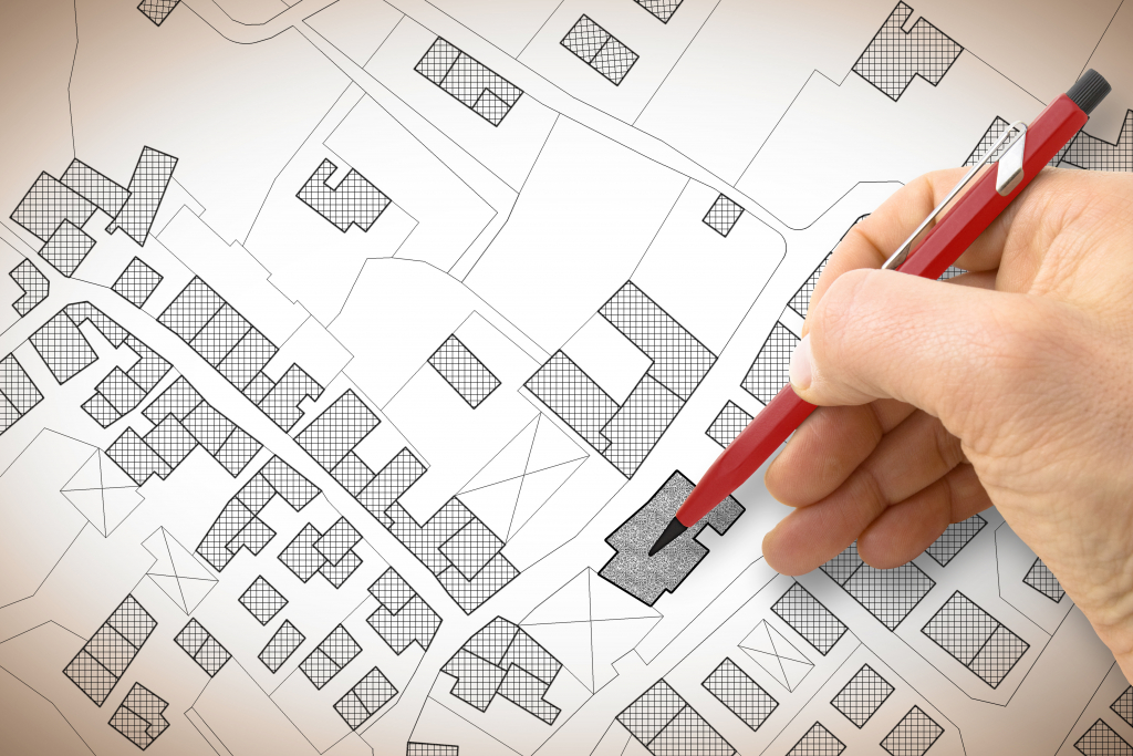 Plan de quartier vu du ciel avec implantation de batiment